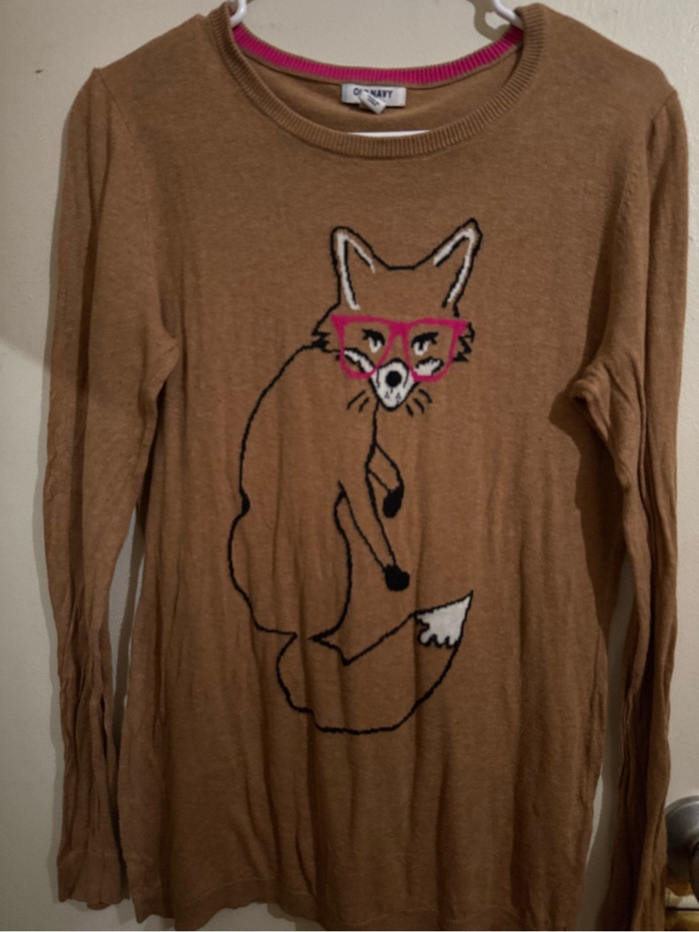 Old Navy Brown Fox Sweater with Pink Glasses Accent